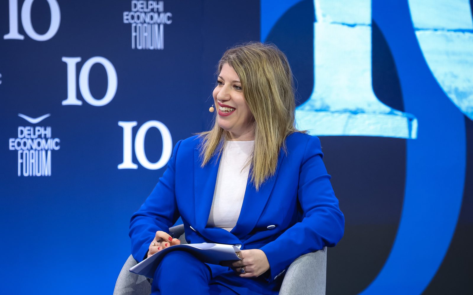 Lamprini Rori speaking on a panel at the Delphi Economic Forum