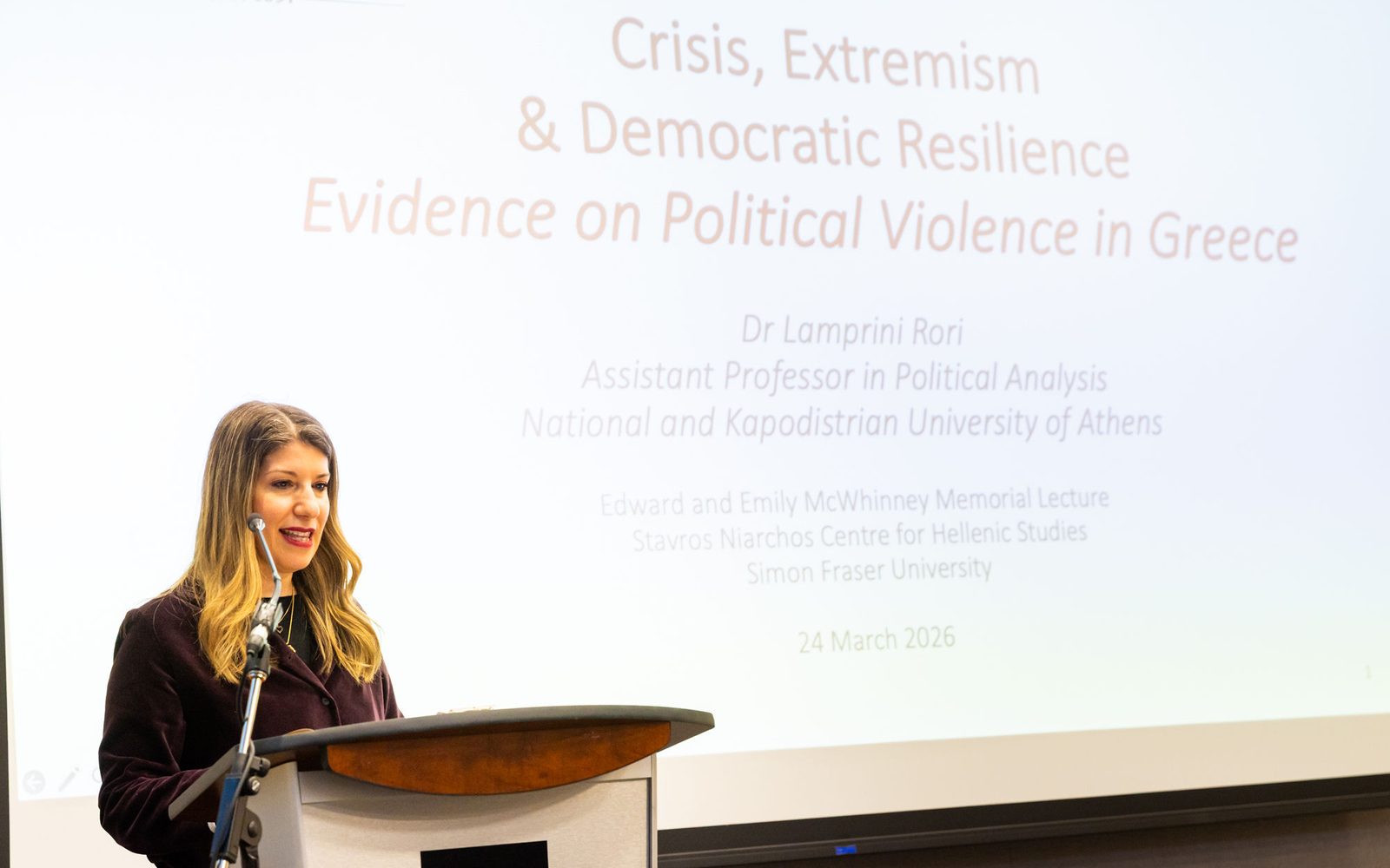 Lamprini Rori delivering the McWhinney Memorial Lecture at Simon Fraser University